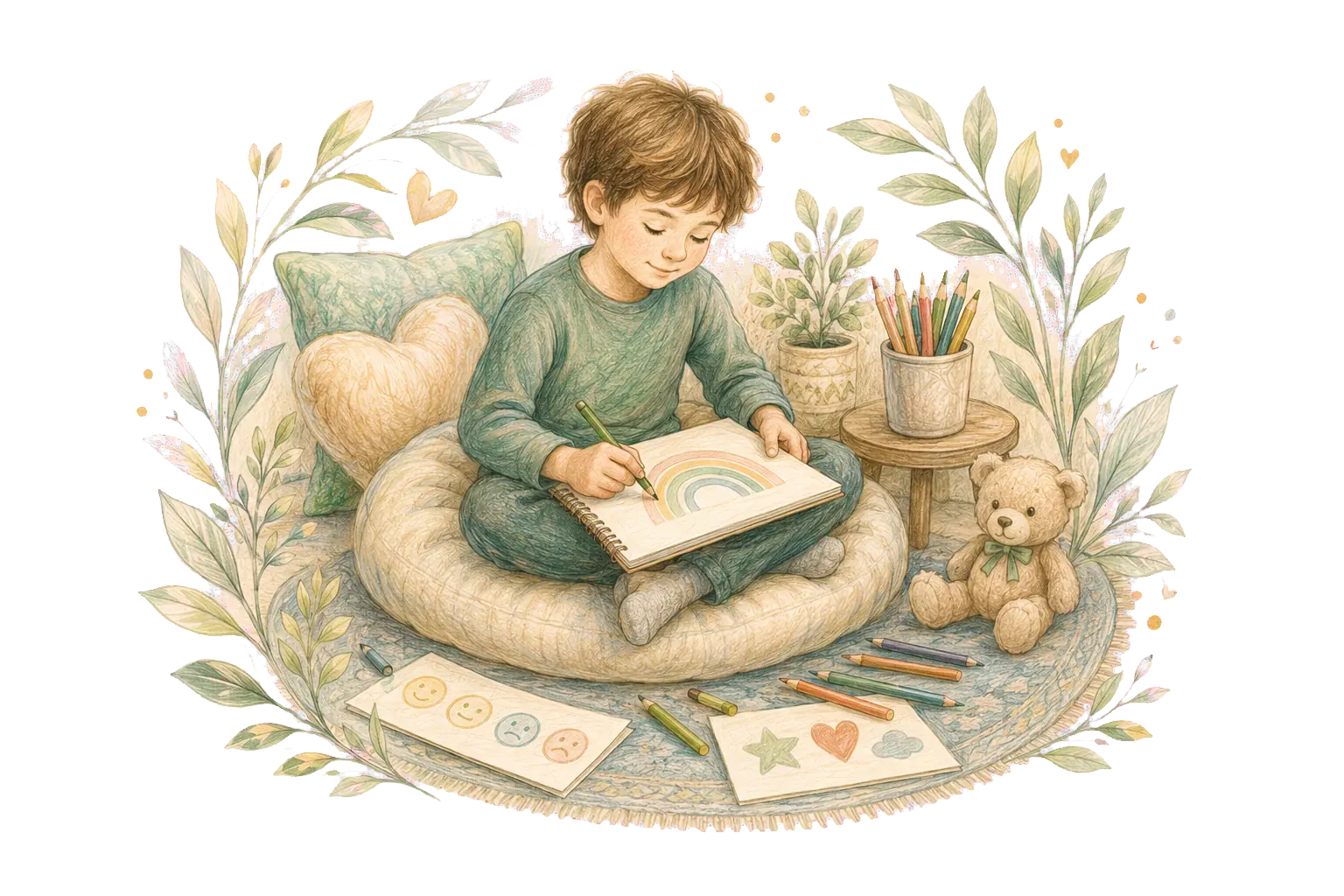 Pastelowa ilustracja wspierającej rozmowy z dzieckiem