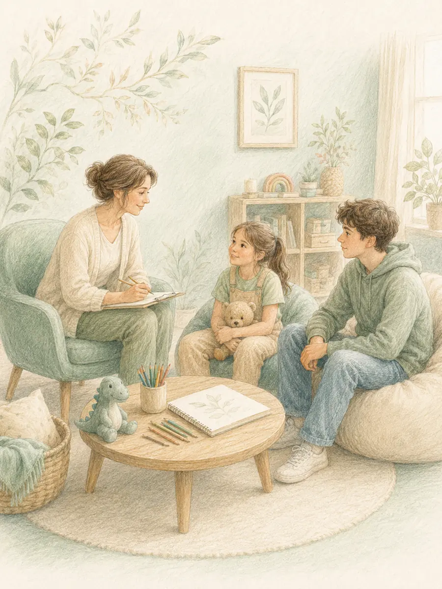 Dziecko i nastolatek podczas spotkania z psycholożką — ilustracja kredkami pastelowymi