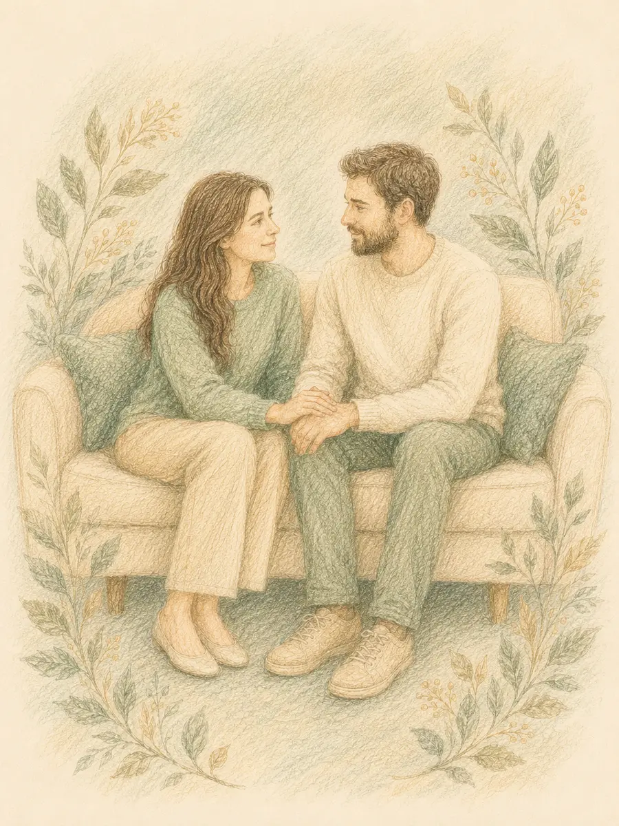 Para w uważnej rozmowie — ilustracja kredkami pastelowymi
