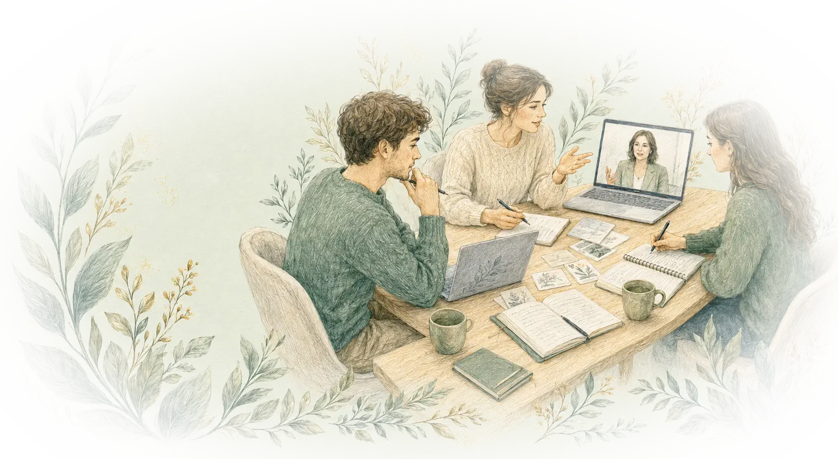 Studenci psychologii wspólnie analizujący materiały i uczestniczący w spotkaniu online z prowadzącą